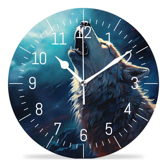 14 Inch Wall Clock Battery Operated Silent Clock Decorative for Office, Kitchen, Outdoor, Living Room，Golden Moon Wolf Design