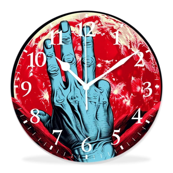 14 Inch Wall Clock Battery Operated Silent Clock Decorative for Office, Kitchen, Outdoor, Living RoomHand in Rock Roll Sign Red Blue Stripes Print