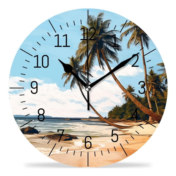 14 Inch Wall Clock Battery Operated Silent Clock Decorative for Office, Kitchen, Outdoor, Living Room，Hawaii Beach with Palm Trees Beautiful Design