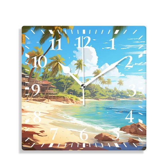 14 Inch Wall Clock Battery Operated Silent Clock Decorative for Office, Kitchen, Outdoor, Living Room,Hawaii Beach with Palm Trees Graceful