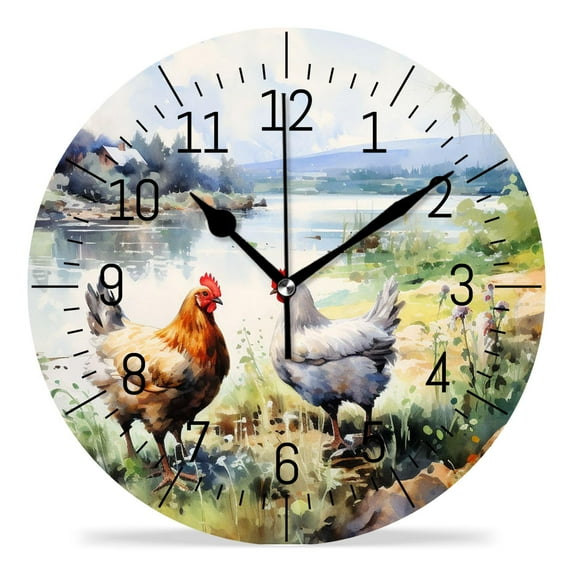 14 Inch Wall Clock Battery Operated Silent Clock Decorative for Office, Kitchen, Outdoor, Living Room,Hen And Chicks in The Yard Beautiful Pattern
