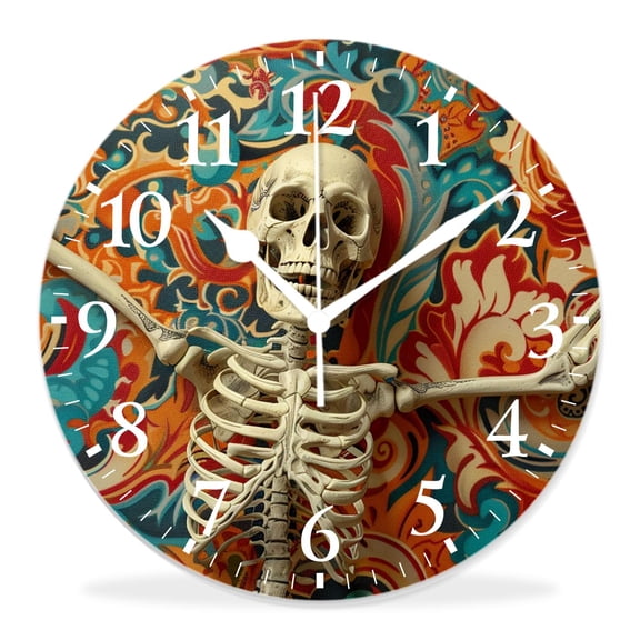 14 Inch Wall Clock Battery Operated Silent Clock Decorative for Office, Kitchen, Outdoor, Living RoomHuman Skeleton Skull Multicolor