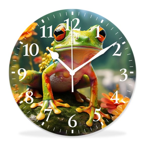 14 Inch Wall Clock Battery Operated Silent Clock Decorative for Office, Kitchen, Outdoor, Living RoomLaughing Tree Frog Funny Beautiful Art