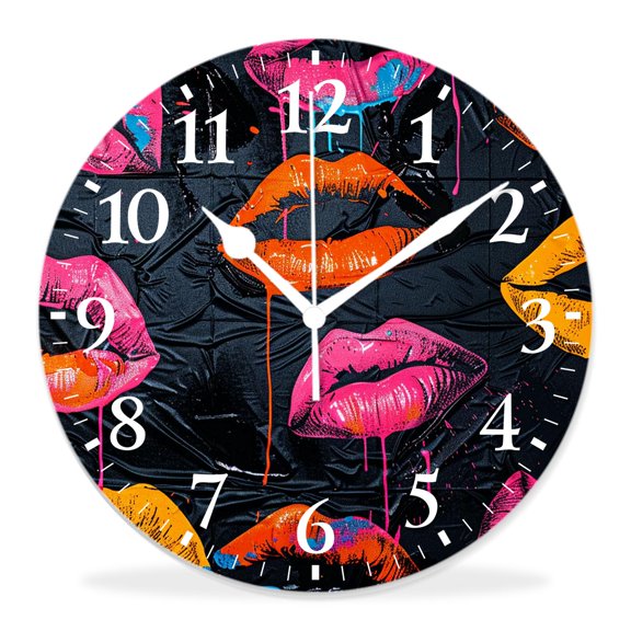 14 Inch Wall Clock Battery Operated Silent Clock Decorative for Office, Kitchen, Outdoor, Living RoomLipstick Kiss Print Elaborate