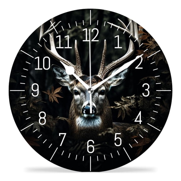 14 Inch Wall Clock Battery Operated Silent Clock Decorative for Office, Kitchen, Outdoor, Living RoomMale Deer with Big Antlers Elegant Pattern