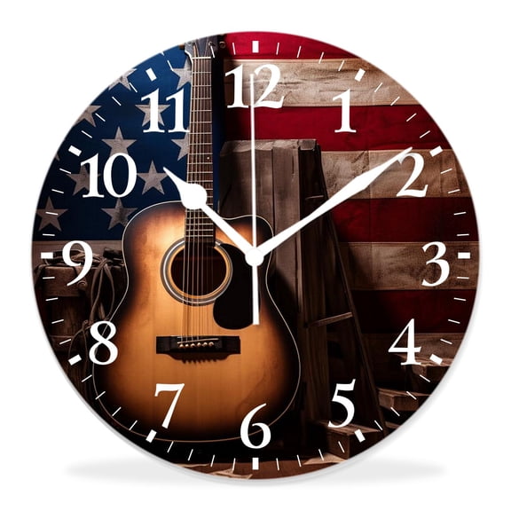 14 Inch Wall Clock Battery Operated Silent Clock Decorative for Office, Kitchen, Outdoor, Living RoomMusic Guitar American Flag Art