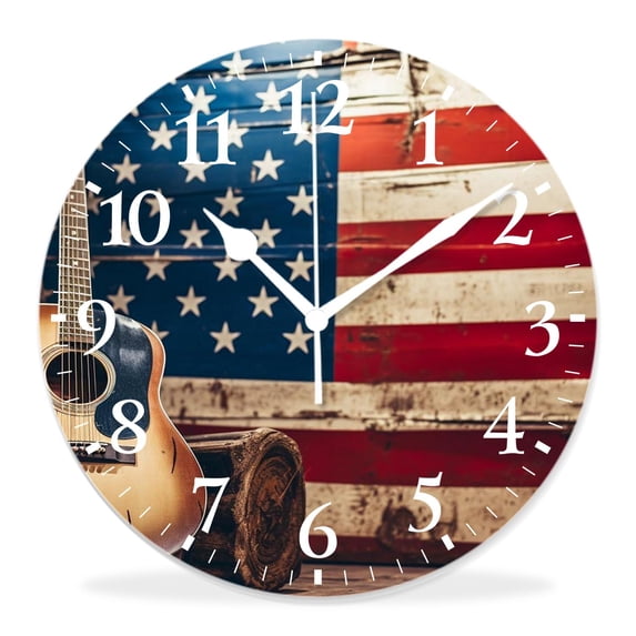 14 Inch Wall Clock Battery Operated Silent Clock Decorative for Office, Kitchen, Outdoor, Living Room,Music Guitar American Flag Style