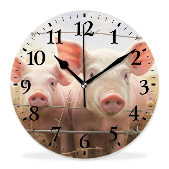 14 Inch Wall Clock Battery Operated Silent Clock Decorative for Office, Kitchen, Outdoor, Living Room,Pigs Lean on The Fence Exquisite