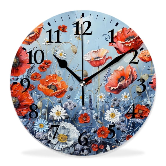 14 Inch Wall Clock Battery Operated Silent Clock Decorative for Office, Kitchen, Outdoor, Living Room,Poppy Cornflowers Spring Graceful