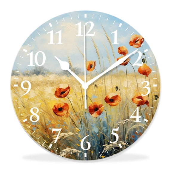 14 Inch Wall Clock Battery Operated Silent Clock Decorative for Office, Kitchen, Outdoor, Living Room,Poppy Spring Field Oil Painting Creative