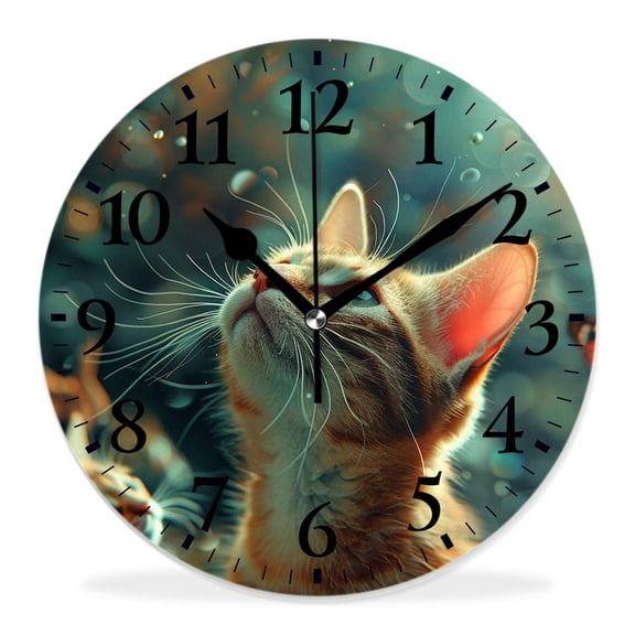 14 Inch Wall Clock Battery Operated Silent Clock Decorative for Office, Kitchen, Outdoor, Living RoomPortrait of Cat Butterflies Animal Adorable