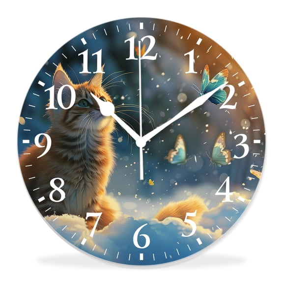 14 Inch Wall Clock Battery Operated Silent Clock Decorative for Office, Kitchen, Outdoor, Living RoomPortrait of Cat Butterflies Animal Beautiful