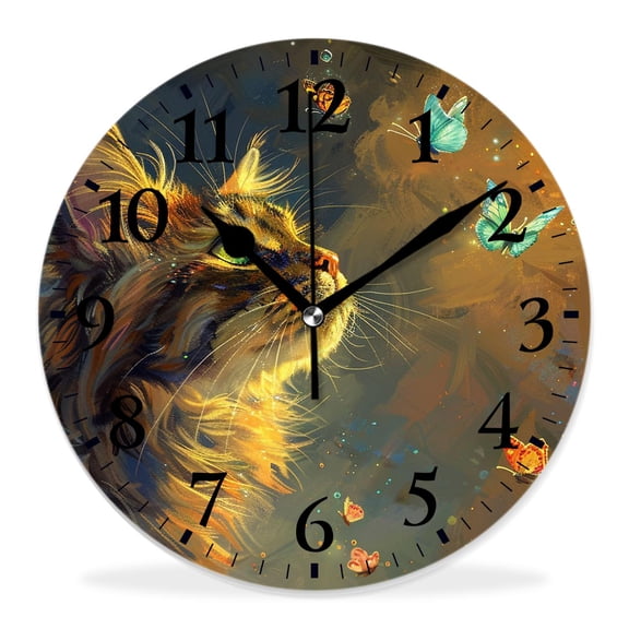 14 Inch Wall Clock Battery Operated Silent Clock Decorative for Office, Kitchen, Outdoor, Living RoomPortrait of Cat Butterflies Animals Simple