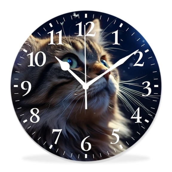 14 Inch Wall Clock Battery Operated Silent Clock Decorative for Office, Kitchen, Outdoor, Living RoomPortrait of Cat Butterflies Lovely Drawing
