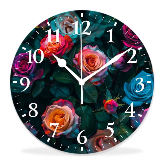 14 Inch Wall Clock Battery Operated Silent Clock Decorative for Office, Kitchen, Outdoor, Living Room,Rainbow Rose Flower Creative