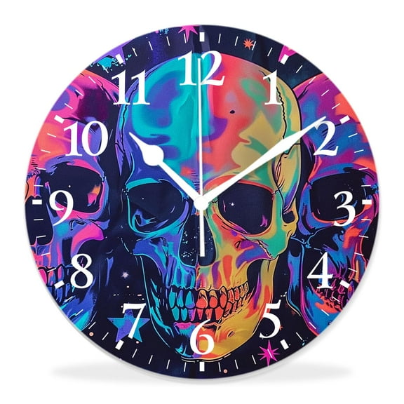 14 Inch Wall Clock Battery Operated Silent Clock Decorative for Office, Kitchen, Outdoor, Living RoomRainbow Skull Neon Stars Starry Beautiful