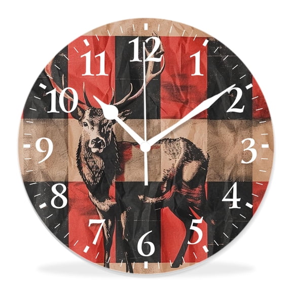 14 Inch Wall Clock Battery Operated Silent Clock Decorative for Office, Kitchen, Outdoor, Living RoomRed Plaid Deer Antler on Beige Creative