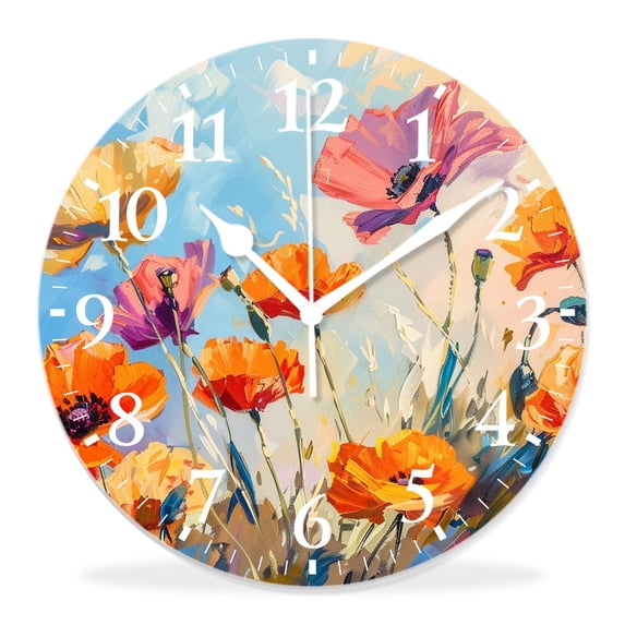 14 Inch Wall Clock Battery Operated Silent Clock Decorative for Office, Kitchen, Outdoor, Living Room，Red Poppies Spring Flowers Nature Gorgeous