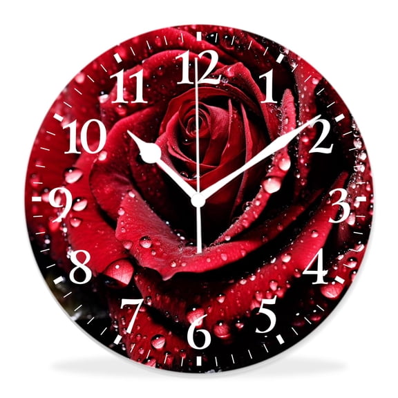 14 Inch Wall Clock Battery Operated Silent Clock Decorative for Office, Kitchen, Outdoor, Living RoomRed Rose Water Drop Art