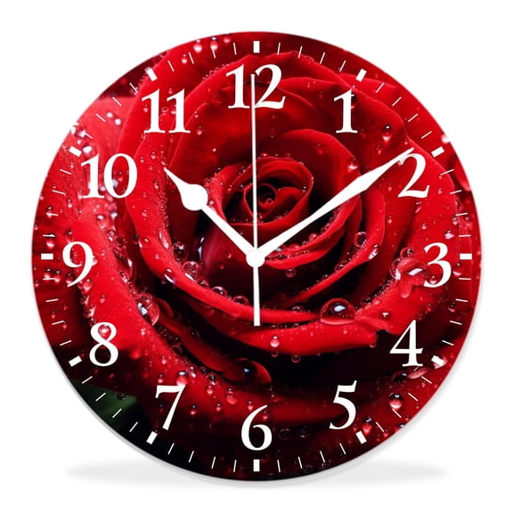 14 Inch Wall Clock Battery Operated Silent Clock Decorative for Office, Kitchen, Outdoor, Living RoomRed Rose Water Drop Pattern