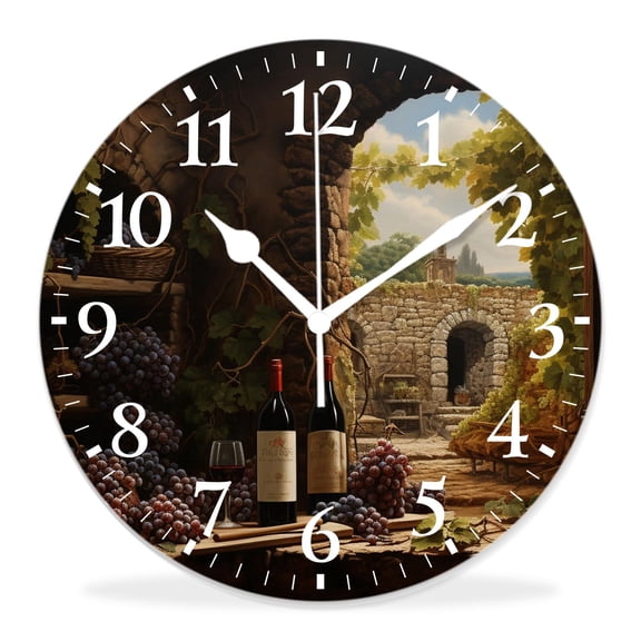 14 Inch Wall Clock Battery Operated Silent Clock Decorative for Office, Kitchen, Outdoor, Living RoomRed Wine Glass Grape Fleid Painting