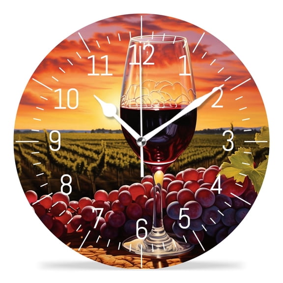 14 Inch Wall Clock Battery Operated Silent Clock Decorative for Office, Kitchen, Outdoor, Living RoomRed Wine Glass Grape Pattern