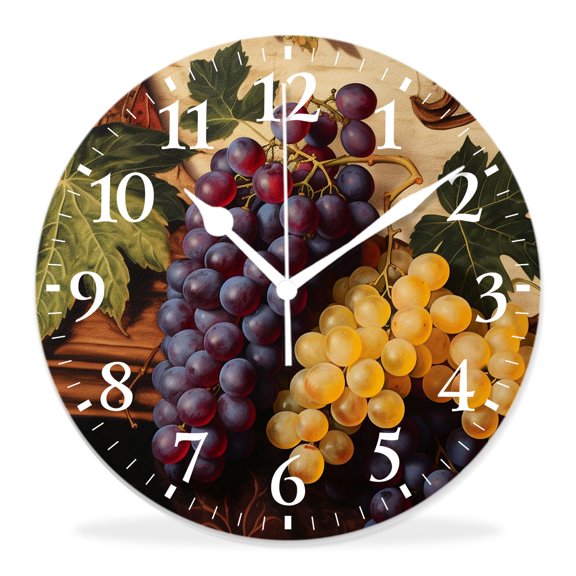 14 Inch Wall Clock Battery Operated Silent Clock Decorative for Office, Kitchen, Outdoor, Living RoomRed Wine and Grapes Drawing