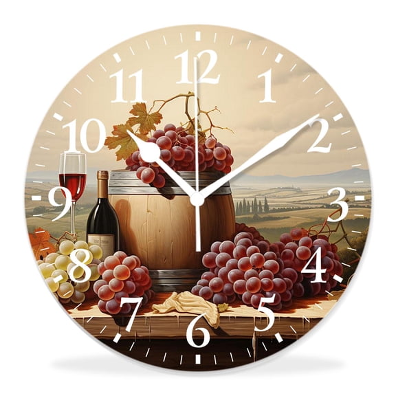 14 Inch Wall Clock Battery Operated Silent Clock Decorative for Office, Kitchen, Outdoor, Living RoomRed Wine and Grapes Print