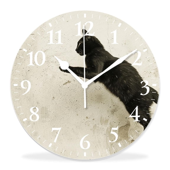 14 Inch Wall Clock Battery Operated Silent Clock Decorative for Office, Kitchen, Outdoor, Living RoomRelax Black Cat Silhouette on White Gorgeous