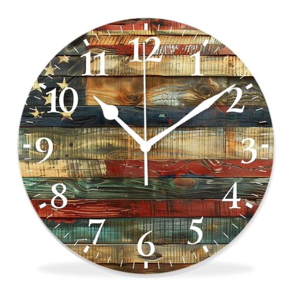 14 Inch Wall Clock Battery Operated Silent Clock Decorative for Office, Kitchen, Outdoor, Living Room，Retro Vintage Usa Wooden American Flag Gorgeous