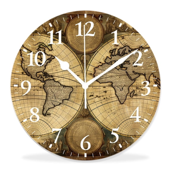 14 Inch Wall Clock Battery Operated Silent Clock Decorative for Office, Kitchen, Outdoor, Living RoomRetro World Map Pattern