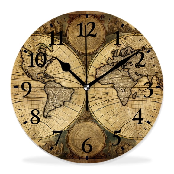 14 Inch Wall Clock Battery Operated Silent Clock Decorative for Office, Kitchen, Outdoor, Living RoomRetro World Map Pattern