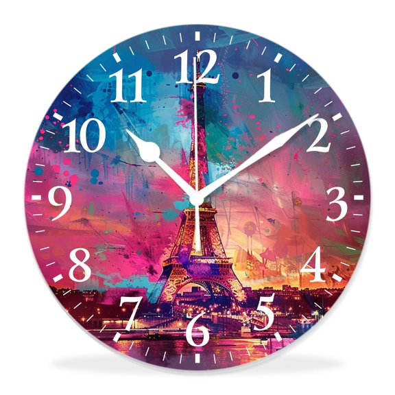 14 Inch Wall Clock Battery Operated Silent Clock Decorative for Office, Kitchen, Outdoor, Living RoomRomantic Eiffel Tower Natural