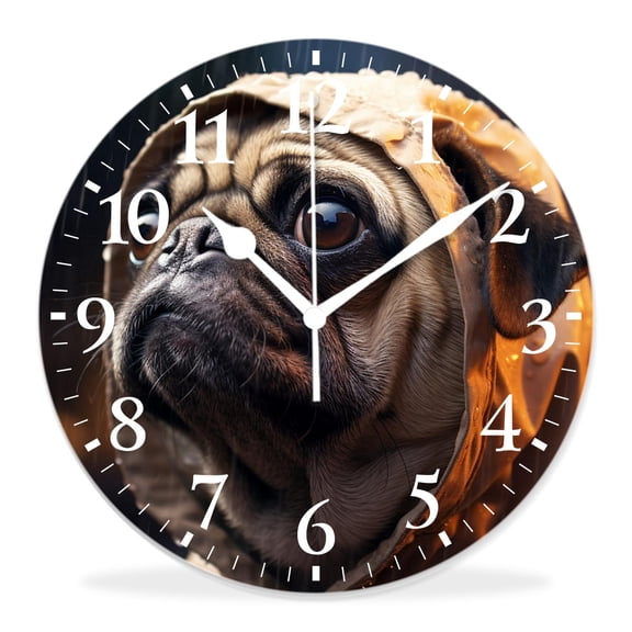 14 Inch Wall Clock Battery Operated Silent Clock Decorative for Office, Kitchen, Outdoor, Living RoomSad Pug Dog Animal in Rain Grey Sky Painting