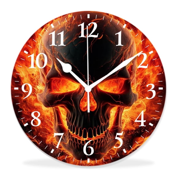 14 Inch Wall Clock Battery Operated Silent Clock Decorative for Office, Kitchen, Outdoor, Living RoomSkull in Fire Image