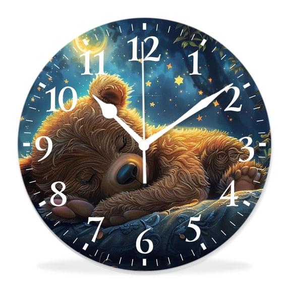 14 Inch Wall Clock Battery Operated Silent Clock Decorative for Office, Kitchen, Outdoor, Living Room,Sleeping Bear on Moon Hanging Star Cute