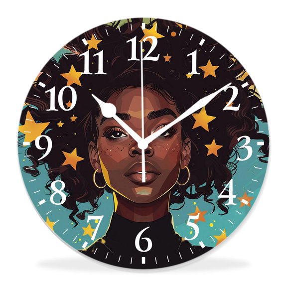 14 Inch Wall Clock Battery Operated Silent Clock Decorative for Office, Kitchen, Outdoor, Living RoomSmile African Girl Elaborate