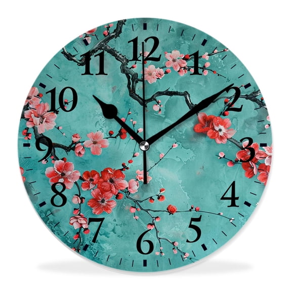 14 Inch Wall Clock Battery Operated Silent Clock Decorative for Office, Kitchen, Outdoor, Living Room,Spring Blossom Flowers Background Graceful