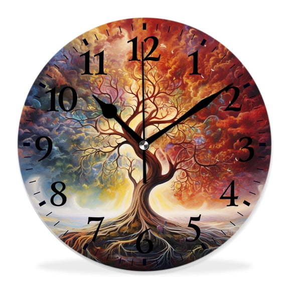 14 Inch Wall Clock Battery Operated Silent Clock Decorative for Office, Kitchen, Outdoor, Living RoomSpring Colorful Tree of Life Painting