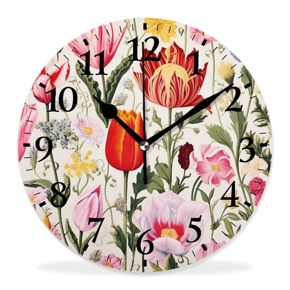 14 Inch Wall Clock Battery Operated Silent Clock Decorative for Office, Kitchen, Outdoor, Living Room,Spring Flowers Tulips Summer Floral Picture