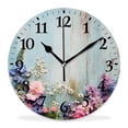 thumbnail image 1 of 14 Inch Wall Clock Battery Operated Silent Clock Decorative for Office, Kitchen, Outdoor, Living Room，Spring Flowers on Turquoise Wood Print, 1 of 4