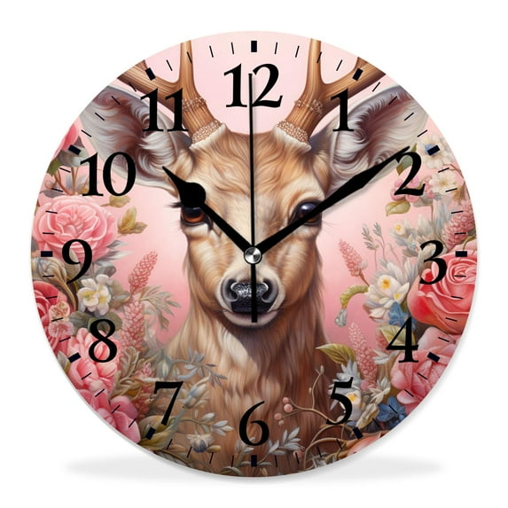14 Inch Wall Clock Battery Operated Silent Clock Decorative for Office, Kitchen, Outdoor, Living Room,Srping Deer Bird Flower Picture