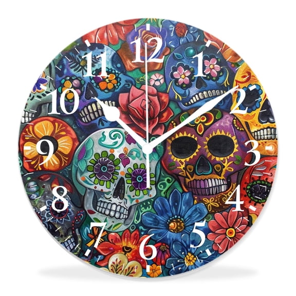 14 Inch Wall Clock Battery Operated Silent Clock Decorative for Office, Kitchen, Outdoor, Living RoomSugar Skull Roses Dead Day Floral Natural