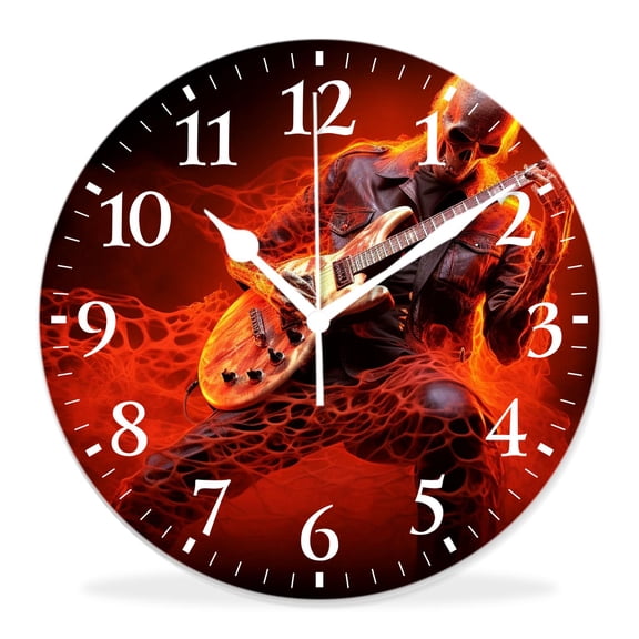 14 Inch Wall Clock Battery Operated Silent Clock Decorative for Office, Kitchen, Outdoor, Living RoomSugar Skull with Guitar Drawing