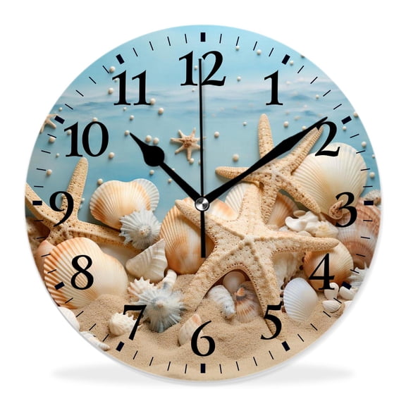 14 Inch Wall Clock Battery Operated Silent Clock Decorative for Office, Kitchen, Outdoor, Living RoomSummer Beach Seashell Picture