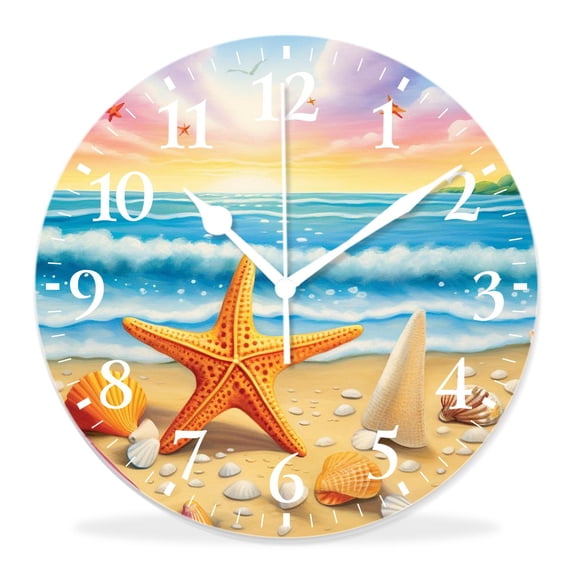14 Inch Wall Clock Battery Operated Silent Clock Decorative for Office, Kitchen, Outdoor, Living Room,Summer Beach Seashell Print