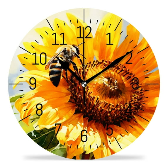 14 Inch Wall Clock Battery Operated Silent Clock Decorative for Office, Kitchen, Outdoor, Living Room,Sunflower Bee Spring Flower Beautiful Pattern
