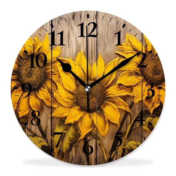 14 Inch Wall Clock Battery Operated Silent Clock Decorative for Office, Kitchen, Outdoor, Living Room，Sunflowers Retro Wooden Elegant