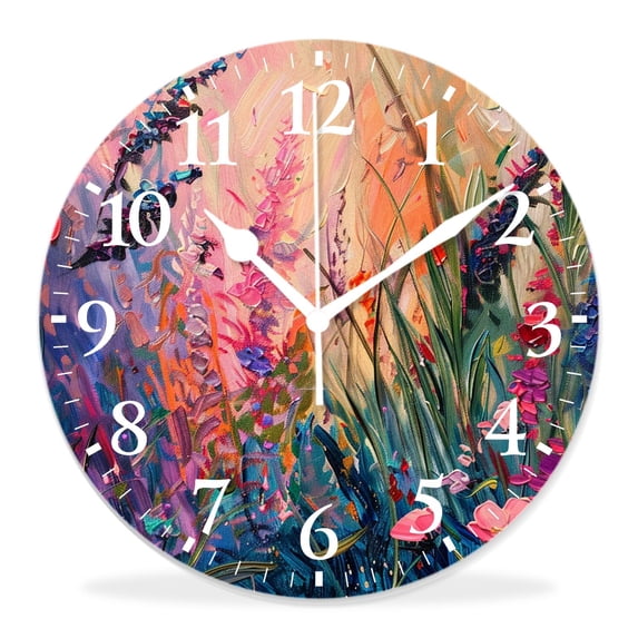 14 Inch Wall Clock Battery Operated Silent Clock Decorative for Office, Kitchen, Outdoor, Living Room,Sunset Meadow Vibrant Landscape Delicate