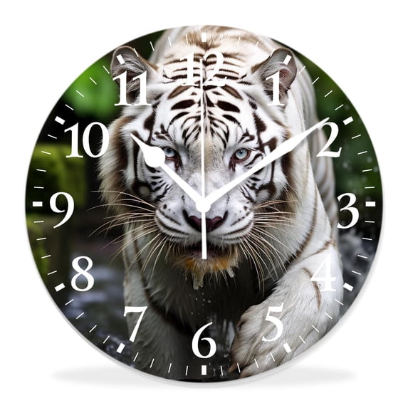 14 Inch Wall Clock Battery Operated Silent Clock Decorative for Office, Kitchen, Outdoor, Living Room,Tiger Cat Sitting on a Rock in forest Adorable